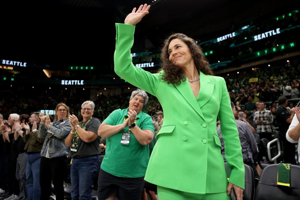 SEATTLE, WASHINGTON - JUNE 11: Sue Bird acknowledges the crowd before the game between the Seattle Storm and the Washington Mystics at Climate Pledge Arena on June 11, 2023 in Seattle, Washington. (Photo by Steph Chambers/Getty Images)