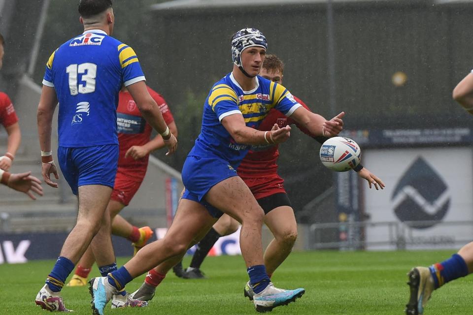 Mason Corbett gets a pass away for Rhinos academy against Hull KR at Headingley. Picture by Matty Merrick/Leeds Rhinos.