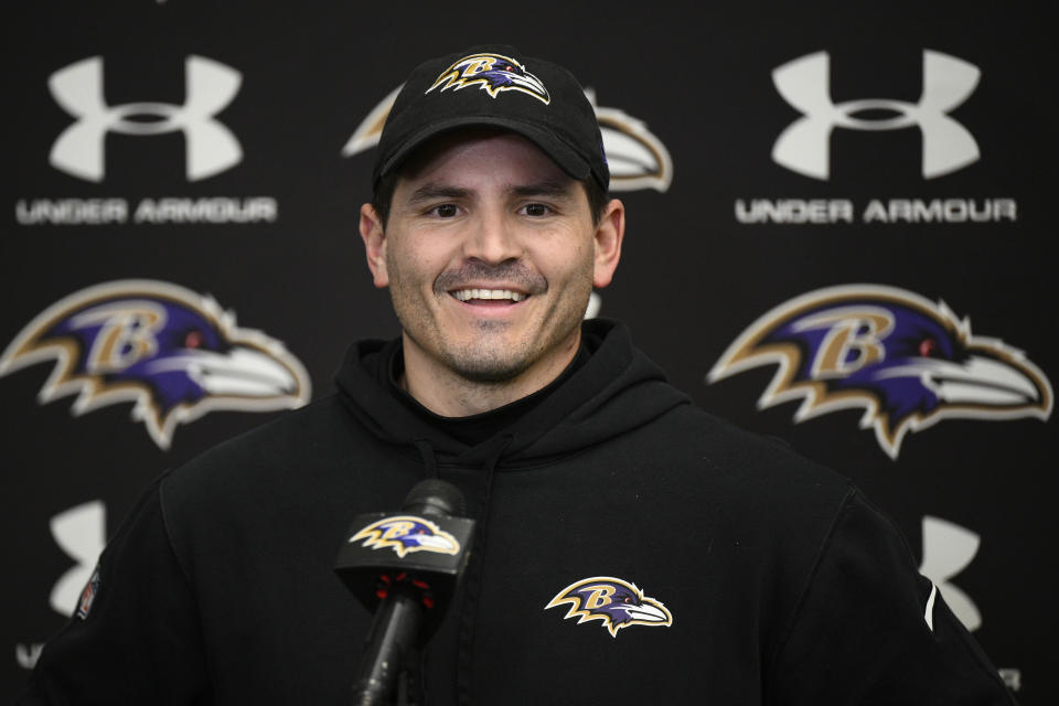 Baltimore Ravens defensive coordinator Mike Macdonald talks to the media during an NFL football media availability, Thursday, Jan. 25, 2024, in Owings Mills, Md. (AP Photo/Nick Wass)