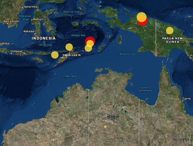 A Geosciences Australia map shows the 7.2 magnitude earthquake which occurred in Banda Sea, north of Darwin, about 1pm on Monday.