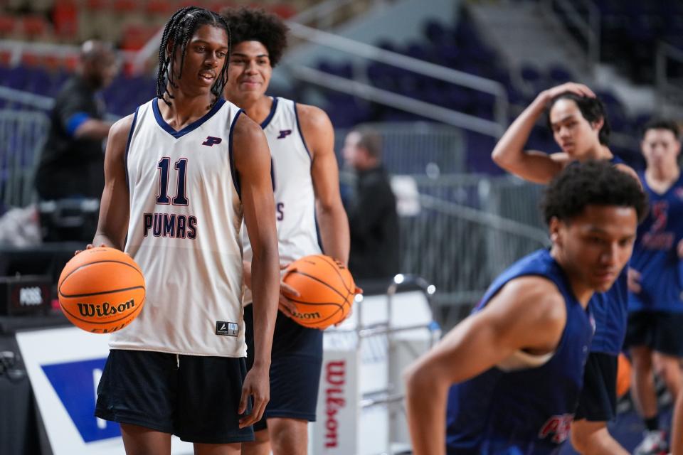 Perry guard Cody Williams (24) waits to run a shooting drill during a media day practice at the Arizona Veterans Memorial Coliseum on Friday, March 3, 2023, in Phoenix. 