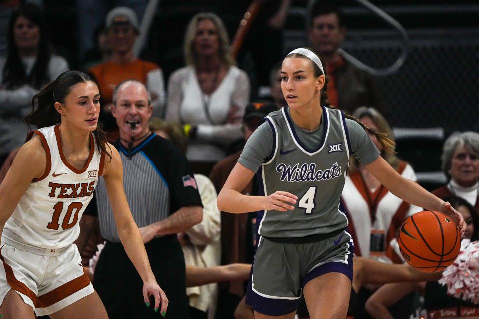 Kansas State guard Serena Sundell (4) is guarded by Texas' Shay Holle (10) during their game Feb. 4 at Moody Center in Austin, Texas.