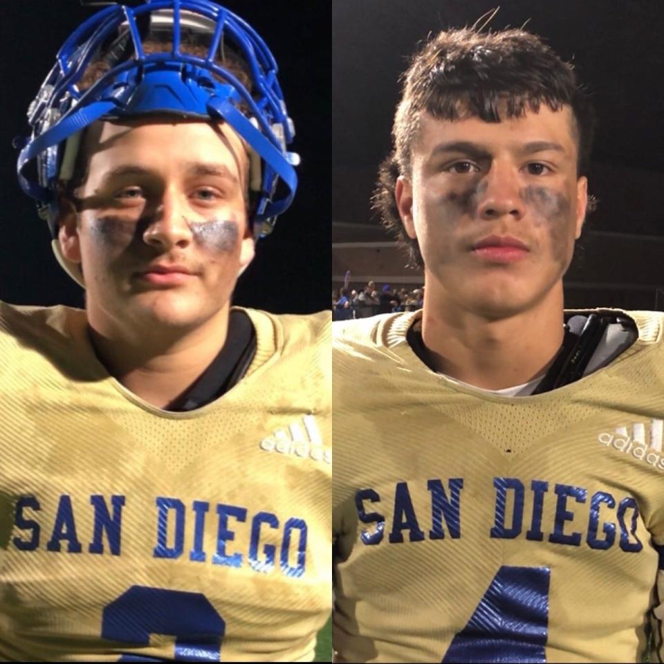 San Diego quarterback RJ Valerio, left, accounted for three touchdowns and Jason Salinas scored on a 75-yard kickoff return to give the Vaqueros the lead in the fourth quarter.