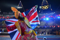 LONDON, ENGLAND - AUGUST 12: Brazillian artists for Rio 2016 perform during the Closing Ceremony on Day 16 of the London 2012 Olympic Games at Olympic Stadium on August 12, 2012 in London, England. (Photo by Jeff J Mitchell/Getty Images)