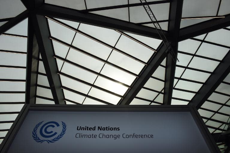 A sign for the United Nations Framework Convention on Climate Change seen during the opening ceremony in Bonn, Germany, on June 1, 2015