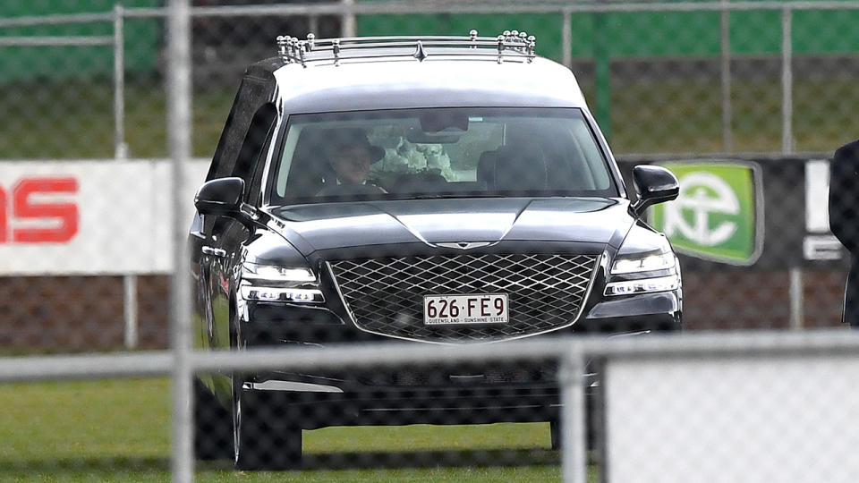 The hearse, pictured here on the oval during the public funeral service for Paul Green at Kougari Oval in Brisbane.