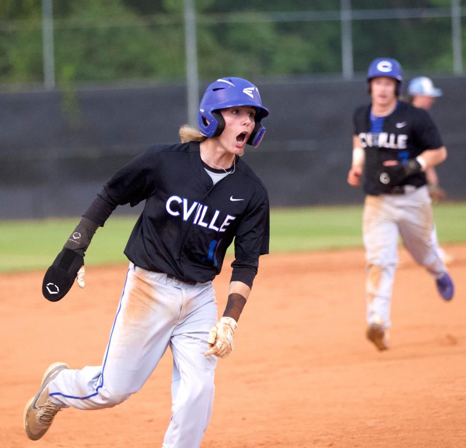 Cherryville's Collin Robinson celebrates a home run during his team's May 5 loss at Burns.