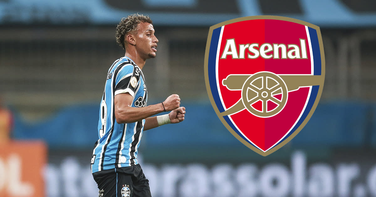  Arsenal target Bitello of Gremio celebrates after scoring the team's third goal during a Brasileirao match between Gremio and Internacional at Arena do Gremio on May 21, 2023 in Porto Alegre, Brazil. 