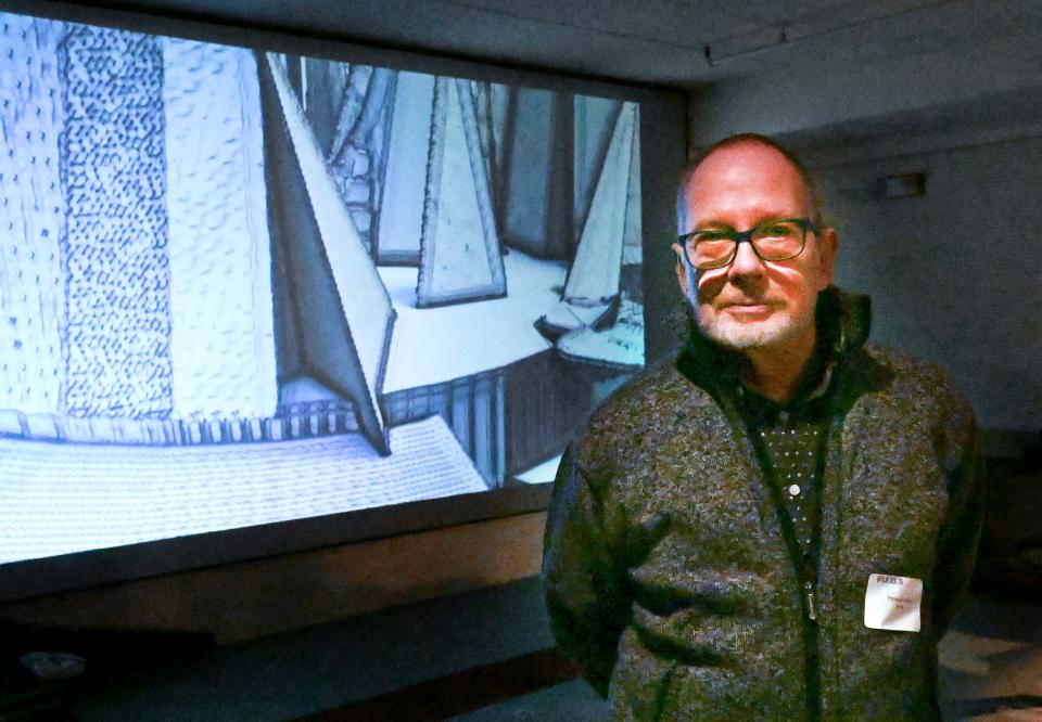 Thomas Haxo with with his presentation of a video during the "Pixels" digital art exhibit at the Cape Cod Museum of Art in Dennis.