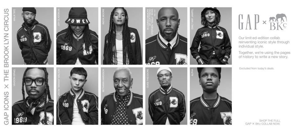 Malik Tate, Joy Oladokun, Indya Moore, Stephen "tWitch" Boss, Emily May Jampel (top left to right) and Yahdon Israel, Javon Walton, Bethann Hardison, Ouigi Theodore and Alpha Diallo (bottom left to right) are featured in the GAP x BKc campaign.