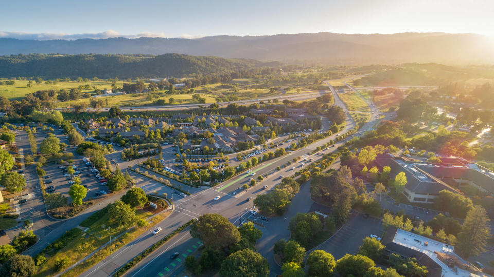 Aerial: Sandhill Road, home of the venture capital firms, in Menlo Park, Silicon Valley.