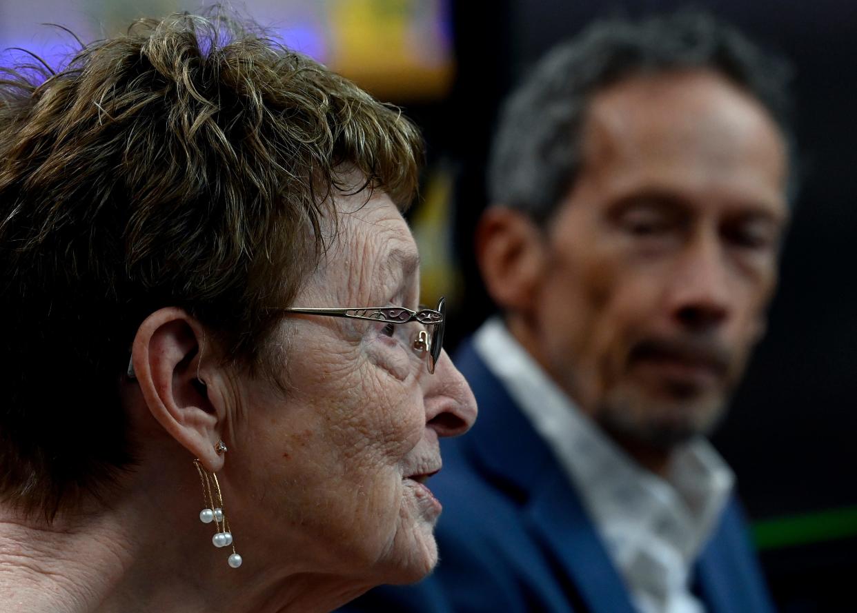 Authors MaryAnne and Stephen MacKenzie talk about their book “Hattie Cotton School: The last teacher’s first-hand experiences of the 1957 bombing and aftermath” during a ceremony at Hattie Cotton STEM Elementary School on Tuesday, May 7, 2024, in Nashville, Tenn.