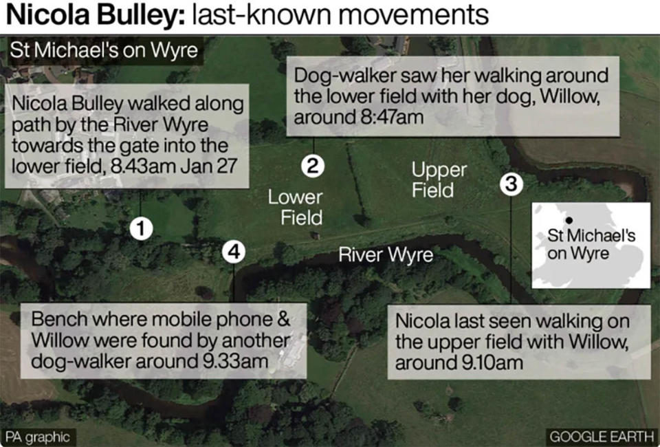 Nicola Bulley's final moments as detailed by witnesses and police. Source: PA via Yahoo UK