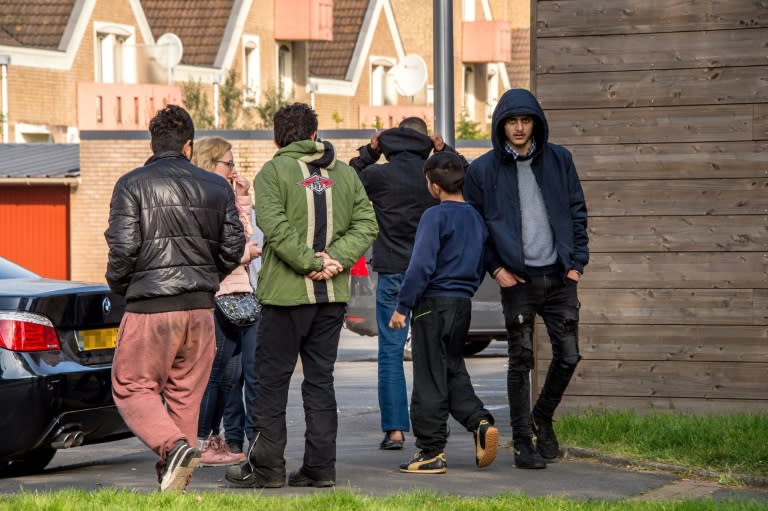 Migrants at the Grande-Synthe facility outside the northern French city of Dunkirk, on April 11, 2017