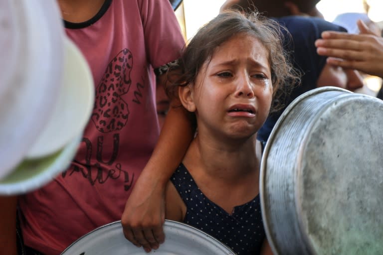 Una niña palestina desplazada llora en la fila para recibir comida en un punto de distribución de alimentos en el norte de la Franja de Gaza, el 18 de julio de 2024 (Omar AL-QATTAA)