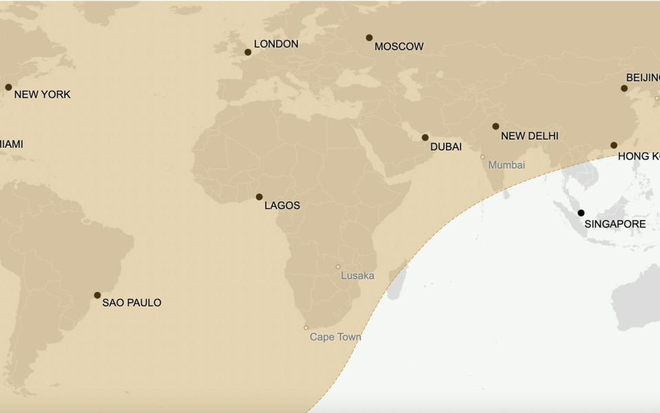 A map of the Global 7500's range from New York, just barely out of reach of Singapore.