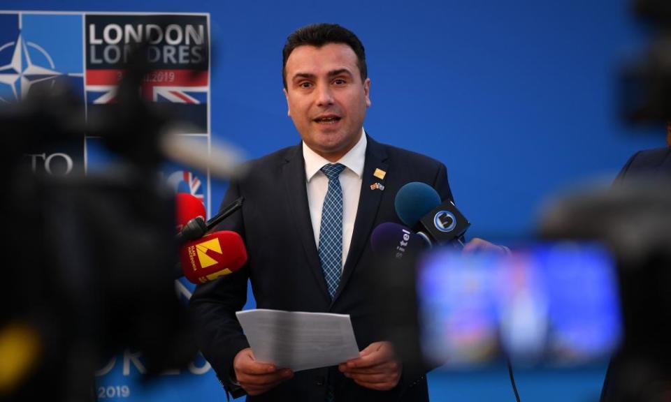 Zoran Zaev speaks to the media at the Nato summit in Watford, north of London, in December 2019