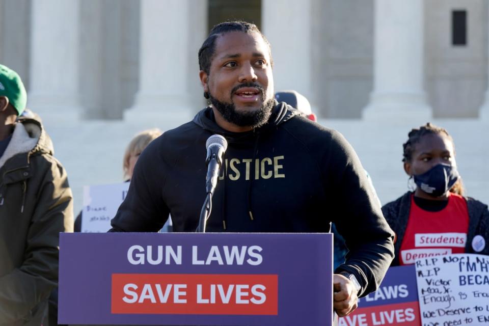 Gregory Jackson speaks on Nov. 3, 2021 as gun violence survivors gather in front of the Supreme Court ahead of oral argument in NYSRPA v. Bruen in Washington, D.C. (Photo by Leigh Vogel/Getty Images for Giffords Law Center)