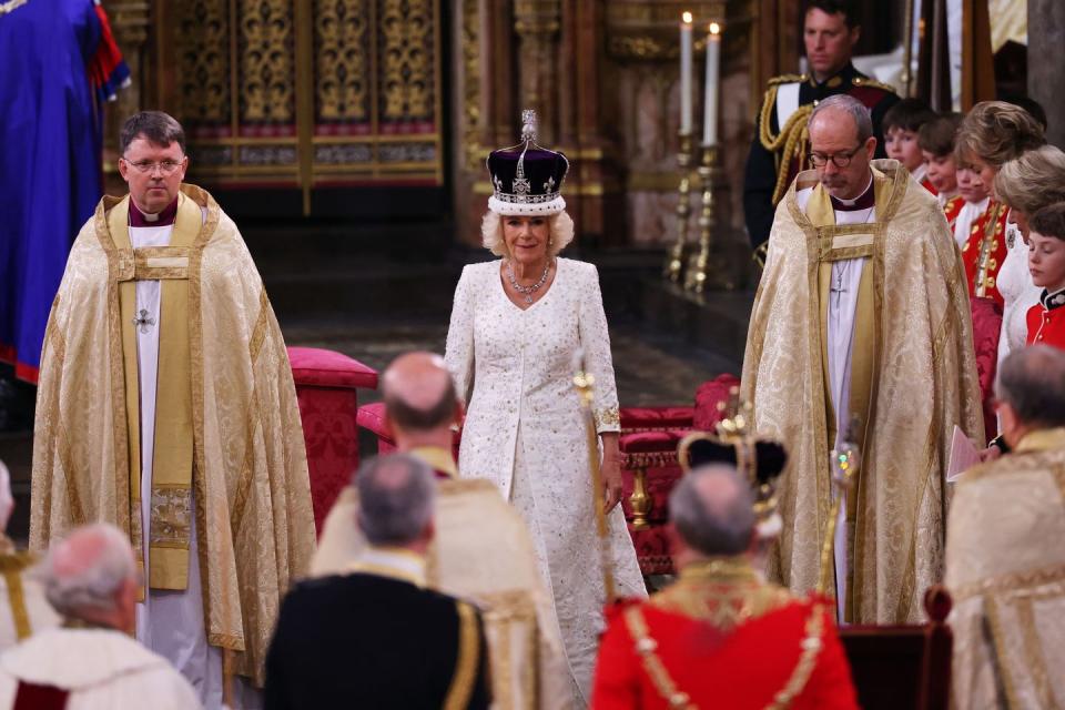 london, england may 06 queen camilla is crowned by archbishop of canterbury justin welby during her coronation ceremony in westminster abbey, on may 6, 2023 in london, england the coronation of charles iii and his wife, camilla, as king and queen of the united kingdom of great britain and northern ireland, and the other commonwealth realms takes place at westminster abbey today charles acceded to the throne on 8 september 2022, upon the death of his mother, elizabeth ii photo by richard pohle wpa poolgetty images