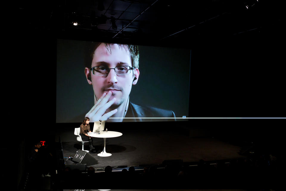 Edward Snowden talks with Jane Mayer via satellite at the 15th Annual New Yorker Festival in October 2014 in New York. (Photo: Christopher Lane/AP Images for The New Yorker)