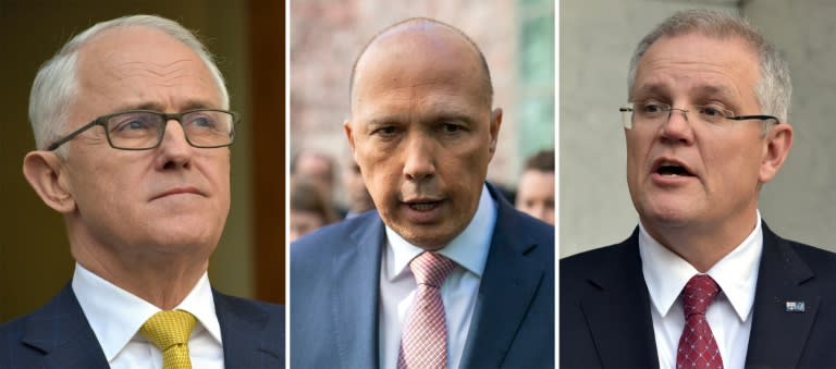 Prime Minister Malcolm Turnbull (L) is facing a fresh challenge from his home affairs minister Peter Dutton (C) but Treasurer Scott Morrison (R) may contest the leadership in a bid to derail Dutton's ambitions