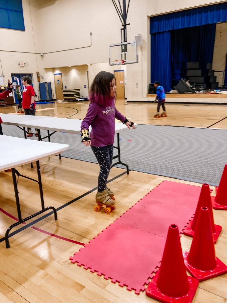 Parallel tables are set up for extra support at this skating station at Brickey-McCloud Elementary School, Feb. 2, 2023.