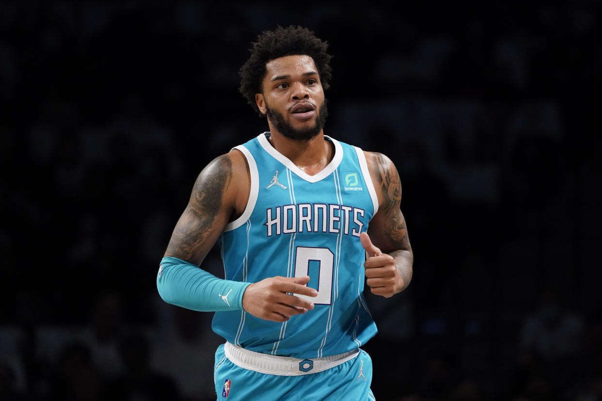 Charlotte Hornets forward Miles Bridges runs the court during the first half of an NBA basketball game against the Brooklyn Nets, Sunday, Oct. 24, 2021, in New York. (AP Photo/John Minchillo)