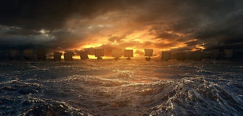 <span class="caption">The Vikings got to the Americas long before Columbus.</span> <span class="attribution"><a class="link " href="https://www.shutterstock.com/image-illustration/vikings-ships-on-horizon-stormy-ocean-1090110953" rel="nofollow noopener" target="_blank" data-ylk="slk:vlastas/Shutterstock;elm:context_link;itc:0;sec:content-canvas">vlastas/Shutterstock</a></span>