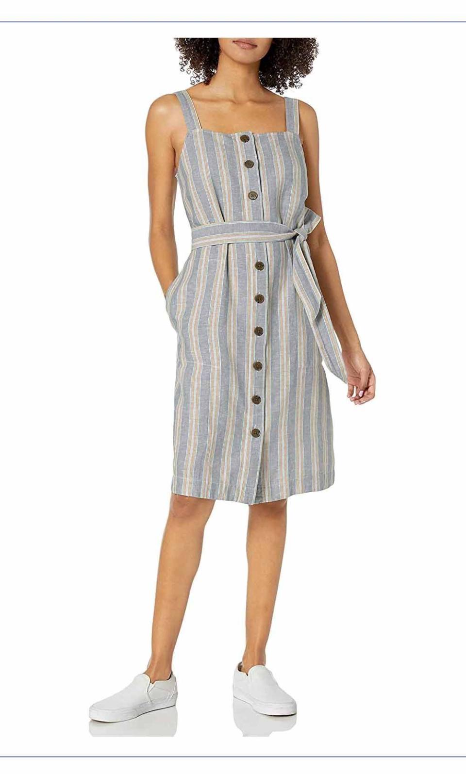 Women's Washed Linen Blend Apron Dress with Pockets, Thin Rainbow Stripe