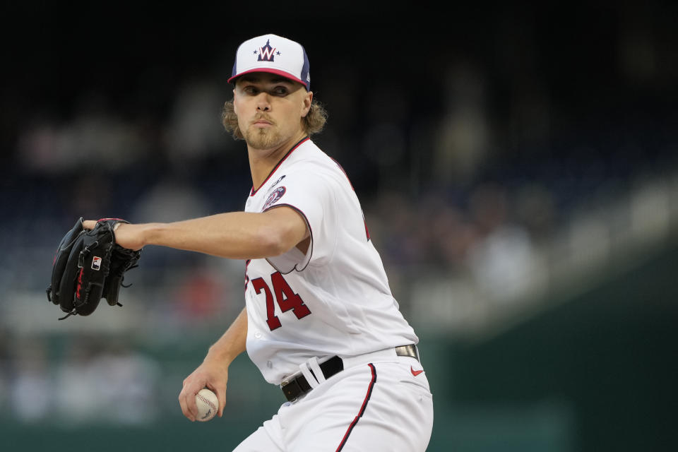 Washington Nationals starting pitcher Jake Irvin (74) throws during the third inning of a baseball game against the Chicago Cubs in Washington, Wednesday, May 3, 2023. (AP Photo/Manuel Balce Ceneta)