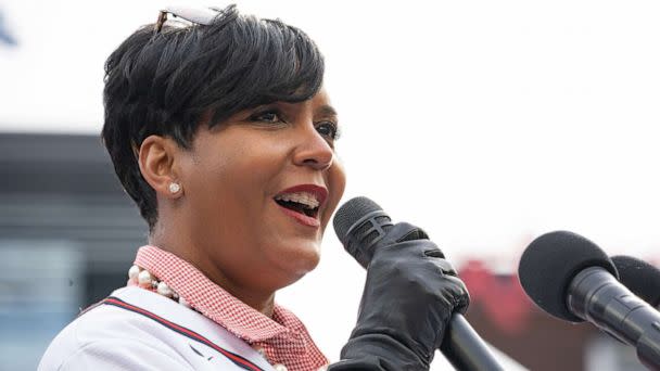 PHOTO: Atlanta Mayor Keisha Lance Bottoms and members of the Atlanta Braves team speak following the World Series Parade at Truist Park, Nov. 5, 2021 in Atlanta. (Megan Varner/Getty Images)