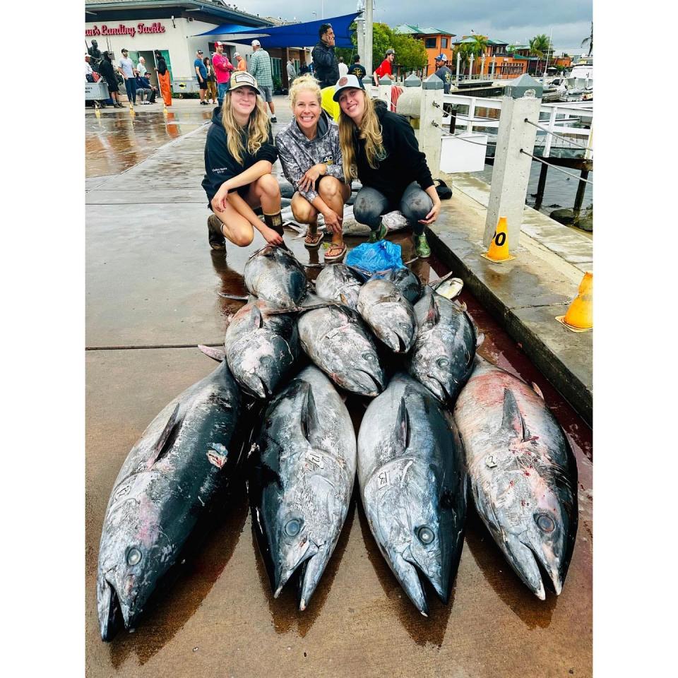 Jessy Ryan, Cat Kaiser and Annie Nagel display bluefin tuna that they landed during an epic 2.5 day fishing adventure aboard the Condor in San Diego.