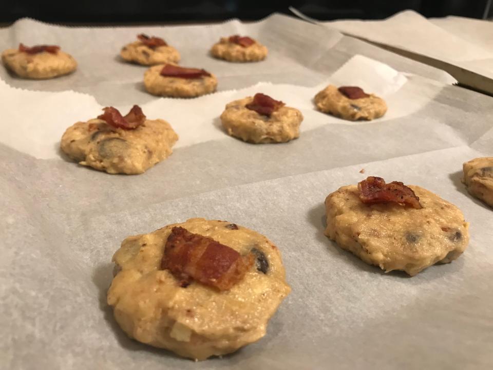 A close-up of the  Martha Stewart's Bacon Potato-Chip Chocolate Cookie dough after it was placed on the baking sheets.