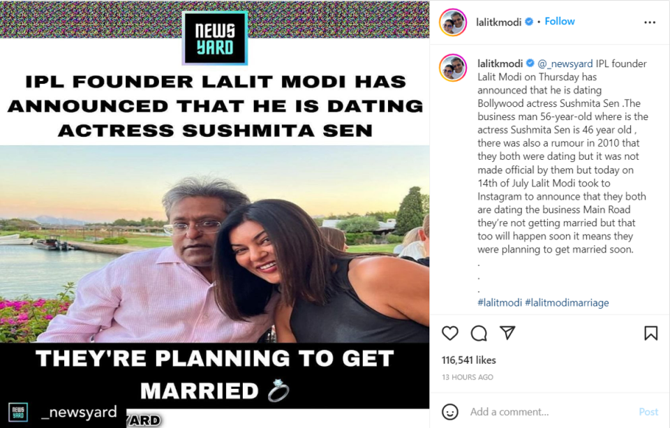 Lalit Modi shared a news article confirming his romance with ex Miss Universe Sushmita Sen (Instagram @lalitkmodi)