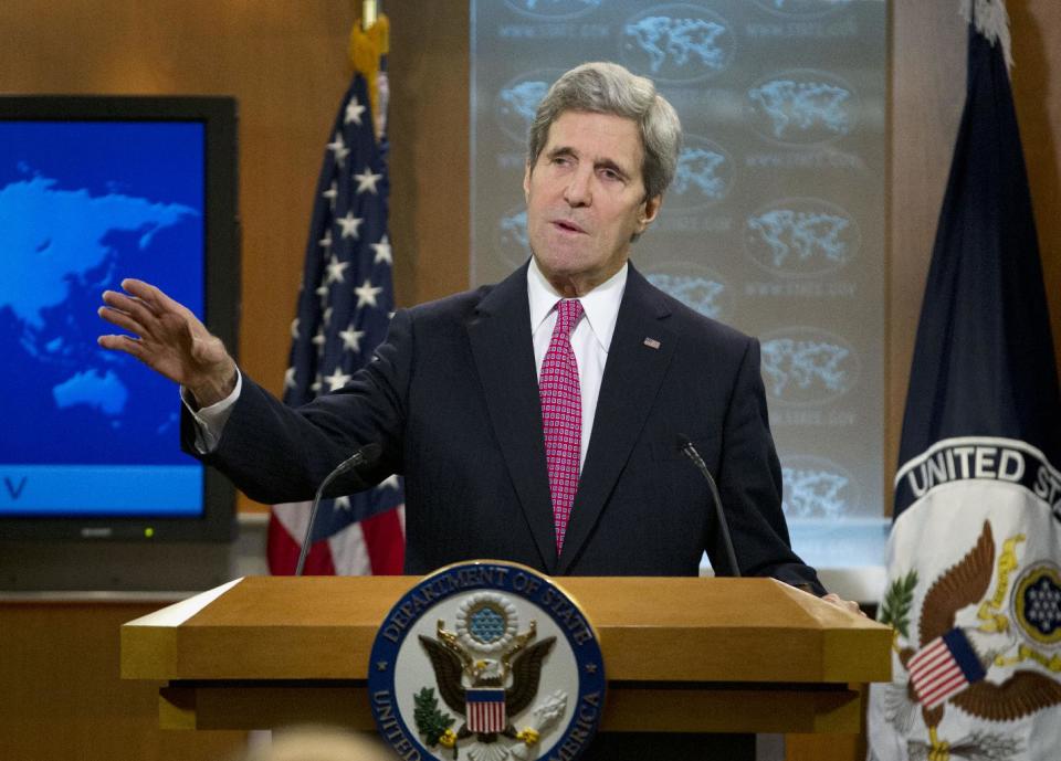 Secretary of State John Kerry speaks about the annual State Department Human Rights report, Thursday, Feb. 27, 2014, at the State Department in Washington. The U.S. says a chemical weapons attack in Syria that the Obama administration says killed more than 1,000 people was the world's worst human rights violation of 2013. An annual State Department report released Thursday also highlights government crackdowns on peaceful protests in Ukraine and Russia's refusal to punish human-rights abusers. (AP Photo/Jose Luis Magana)