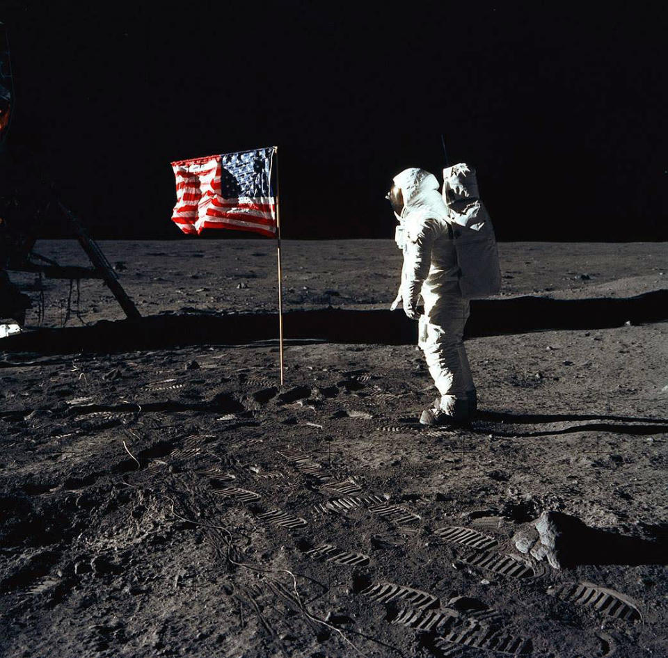 <div class="inline-image__caption"><p>Aldrin Jr. posed for a photograph beside the deployed United States flag during an Apollo 11 extravehicular activity on the lunar surface. </p></div> <div class="inline-image__credit">Courtesy of NASA</div>