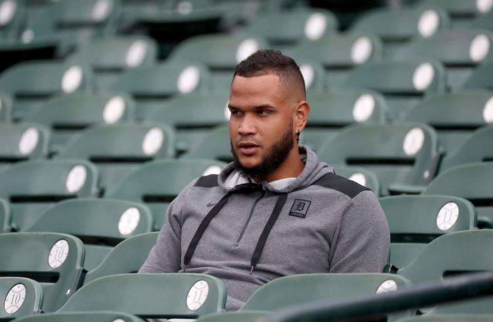 Tigers starter Eduardo Rodriguez watches from the stands April 7, 2022 at Comerica Park as the team practices before the season opener the following day against the White Sox.