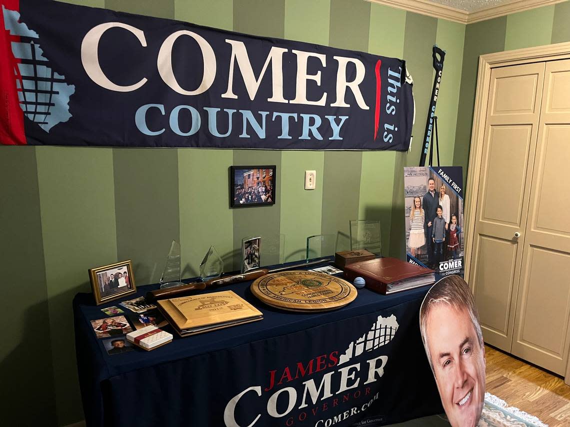 Memorabilia from Comer’s congressional run is featured in a room in Comer’s Tompkinsville home.