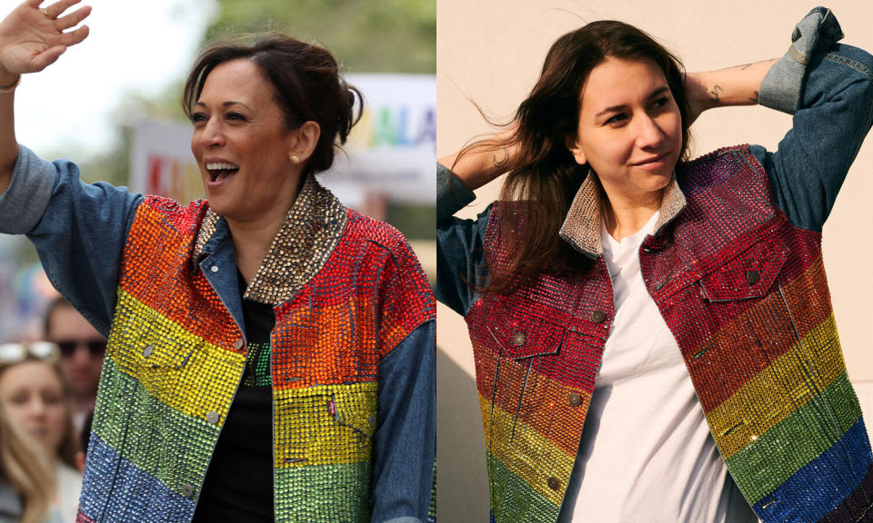 Emma Lauren Fasulo decided to make the rainbow rhinestone-studded jacket Kamala Harris wore to Pride in 2019 by hand to keep her busy while her husband underwent chemotherapy. (Photo L: Getty Images, Photo R: Jonathan Fasulo)