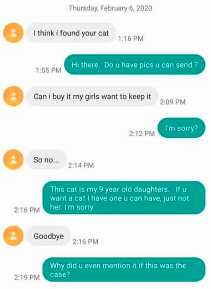 Person One tells Person Two they've found their missing cat, but instead of returning it, they say they want to keep it for their kids and abruptly ends the conversation