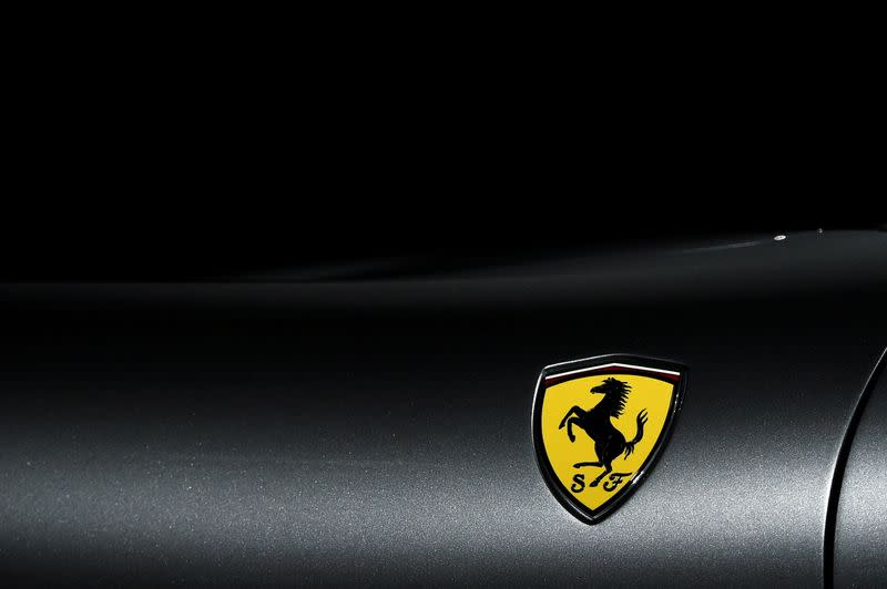 FILE PHOTO: The Ferrari logo is pictured as Ferrari Roma is unveiled during its first world presentation in Rome