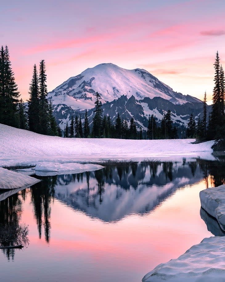 Snowy Rainier Reflections in Mount Rainier National Park