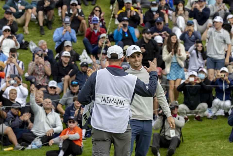 Joaquin Niemann celebrates after winning the 2022 Genesis Invitational.