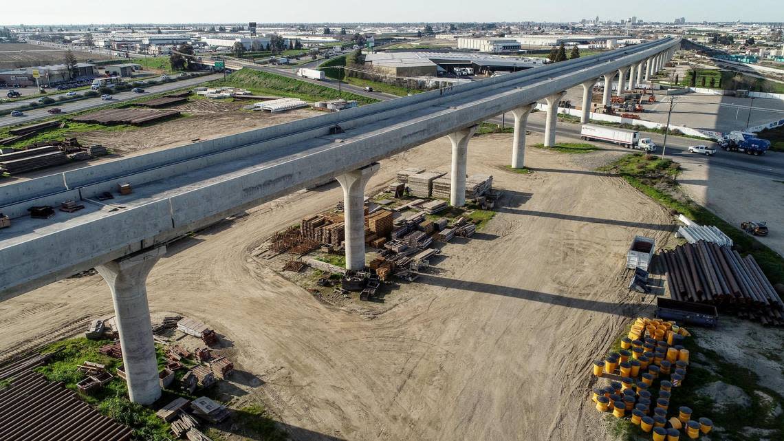 A section of the Cedar Avenue viaduct of the California High-Speed Rail project crosses over North Avenue near Highway 99 south of Fresno while still under construction on Friday, Feb. 17, 2023.