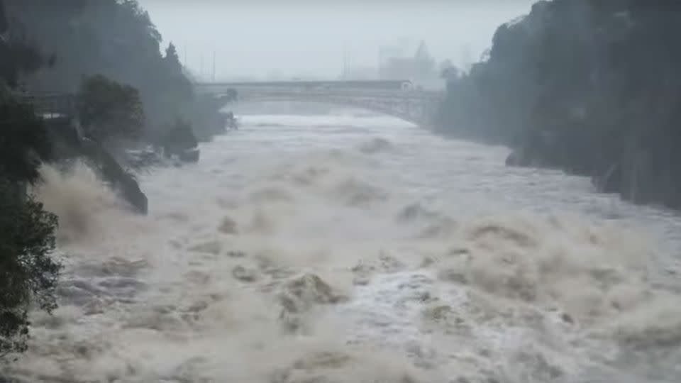 A video captured by a local Launceston resident shows the waters churning at the Cataract Gorge grounds. Photo: YouTube