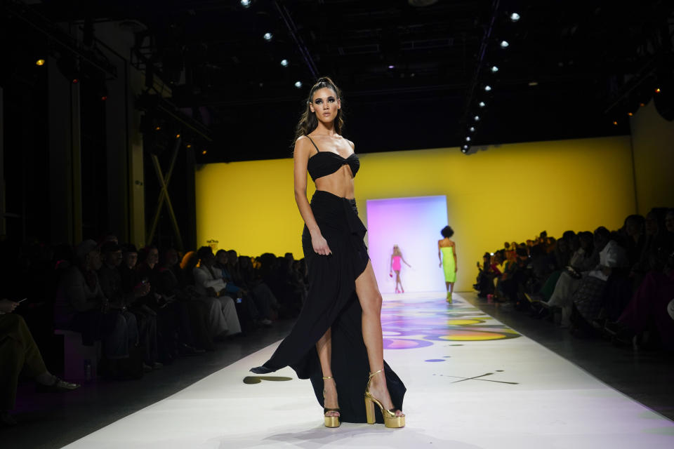 The Sergio Hudson collection is modeled during Fashion Week, Saturday, Feb. 11, 2023, in New York. (AP Photo/Mary Altaffer)