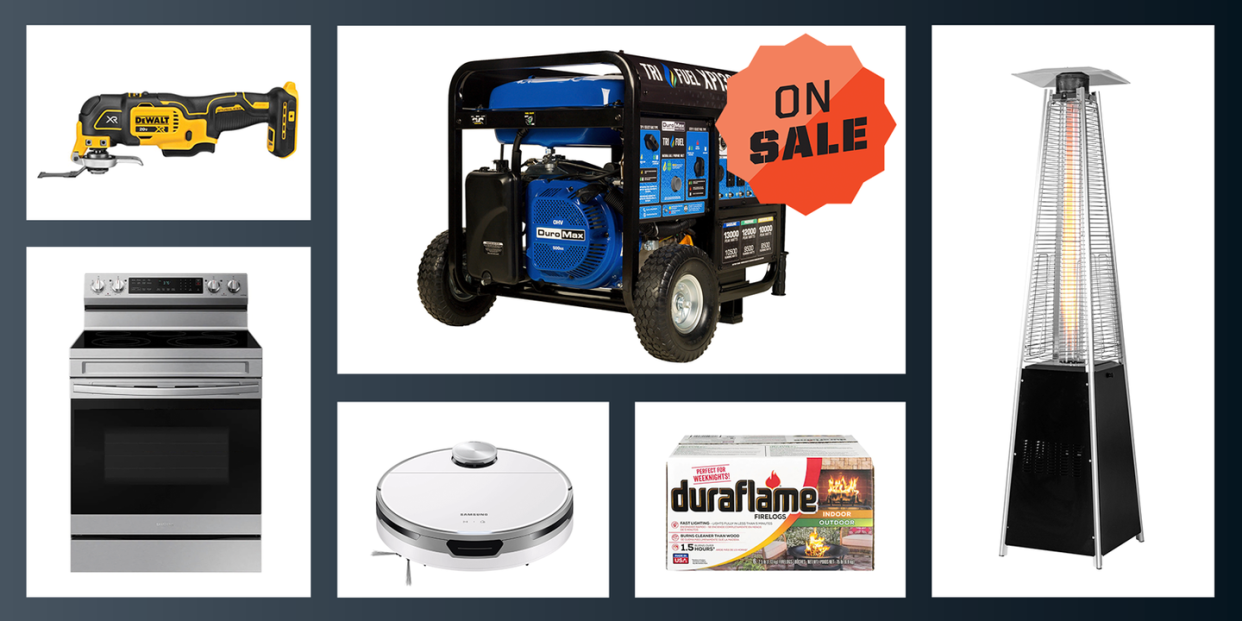 dewalt tool, generator, outdoor heat lamp, duraflame fire starts, robot vacuum, oven