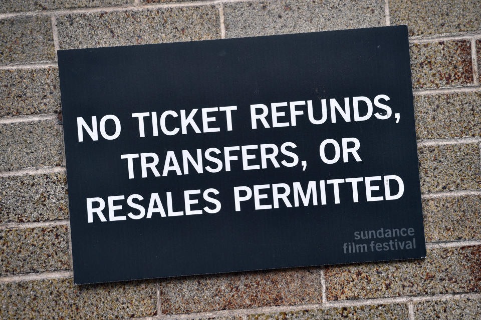 PARK CITY, UTAH - JANUARY 23: A sign posted states no refunds or transfer are permitted is displayed along Main Street during the 2020 Sundance Film Festival on January 23, 2020 in Park City, Utah. (Photo by David Becker/Getty Images)