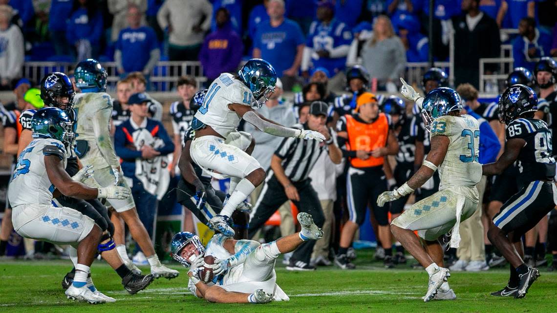 North Carolina’s Will Hardy (31) intercepts a pass by Duke quarterback Riley Leonard with two seconds to play to secure the Tar Heels’ 38-35 victory on Saturday, October 15, 2022 at Wallace-Wade Stadium in Durham, N.C.