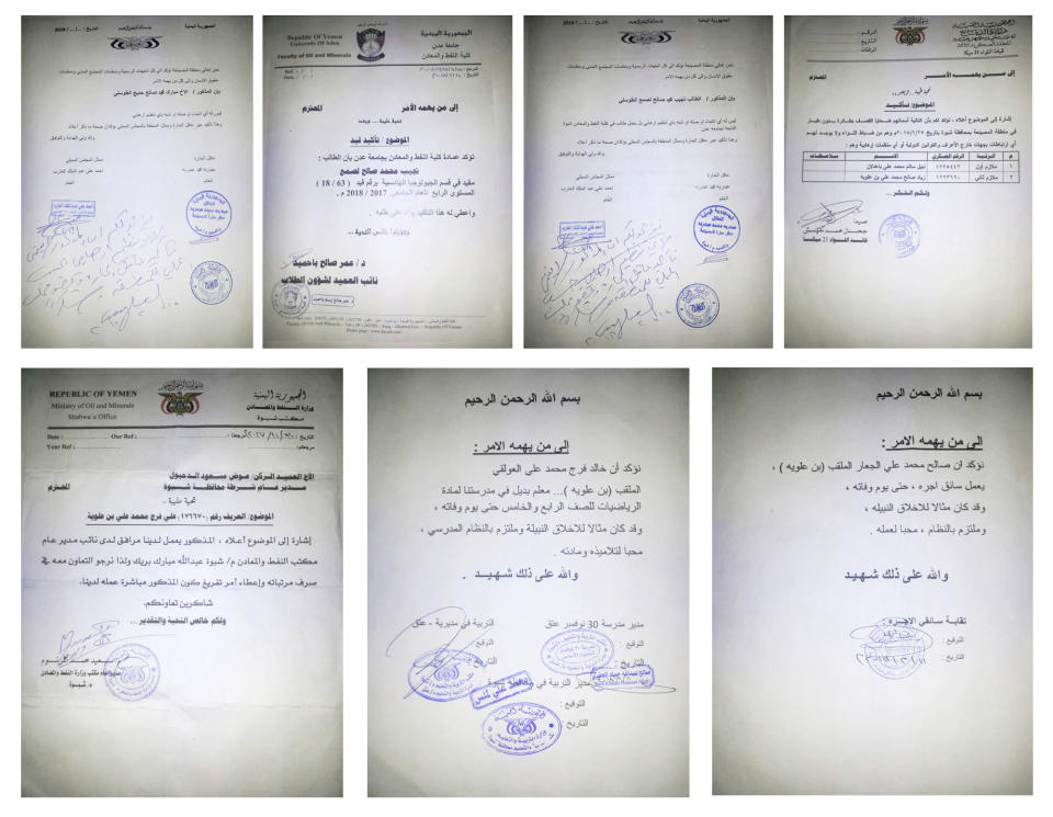 COMBO - This undated combination of seven photographs photo provided by the Saleh family, shows a combination of seven letters collected from the city council chiefs in Yemen from families fighting the stigma, that seven men who were killed after a drone struck their vehicle with two US-made missiles on Jan. 27, 2018, are al-Qaida suspects. (Saleh family via AP)